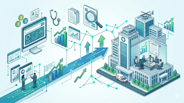 Conceptual illustration of revenue cycle management and digital growth strategies for securing enterprise hospital contracts.