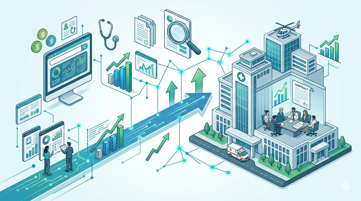 Conceptual illustration of revenue cycle management and digital growth strategies for securing enterprise hospital contracts.