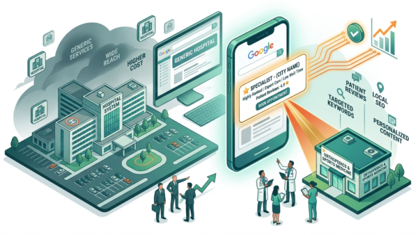 Conceptual isometric illustration showing a specialized orthopedics practice using SEO strategies like targeted keywords, patient reviews, and personalized content to outrank a generic hospital system in Google search results.